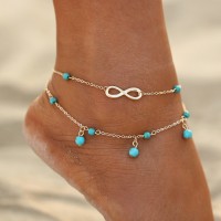 Antique Silver Color Bohemian Anklet with Big Blue Stone Beads 