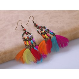 Ethnic  Earrings in Antique Gold with Long Dangle Colorful Feathers 