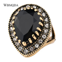 Big Black Stone Turkish Style Ring - Antique Gold Color with Crystals