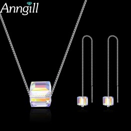 ANNGILL Crystal From Swarovski Cube Jewelry Set Fashion Wedding Necklace +Earrings Sets for Women 925 Sterling Silver Jewelry