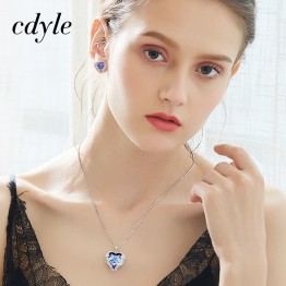 Cdyle Crystals from Swarovski Angel Wings Necklaces Earrings Purple Blue Crystal Heart Pendant Romantic Jewelry Set For Women