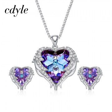 Cdyle Crystals from Swarovski Angel Wings Necklaces Earrings Purple Blue Crystal Heart Pendant Romantic Jewelry Set For Women32919904565