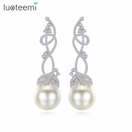 LUOTEEMI Big Long Flowers Imitation Pearls Luxury Famous Brand Boucles d'oreille Earrings For Women Anti-Allergy Fancy Jewelry