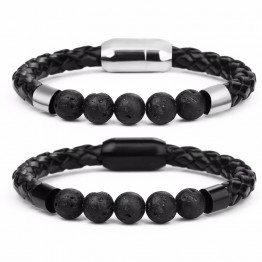 Louleur New Fashion Charm Male Leather Bracelet Lava Chakra Stone Beads Black Stainless Bracelets & Bangles For Men Punk Jewelry