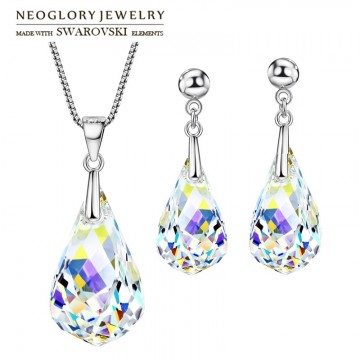 Neoglory MADE WITH SWAROVSKI ELEMENTS Crystal Jewelry Set Water Drop Style S925 Silver Plated For Women Gift Necklace & Earrings32712382237
