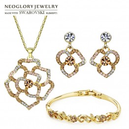 Neoglory MADE WITH SWAROVSKI ELEMENTS Rhinestone Jewelry Set Flower Style Necklace & Earring & Bracelet For Summer Lady Classic