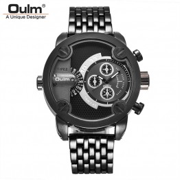 Oulm Two Different Design Black Steel Watches Men Luxury Brand Two Time Zone Quartz Clock Male Large Military Wristwatch