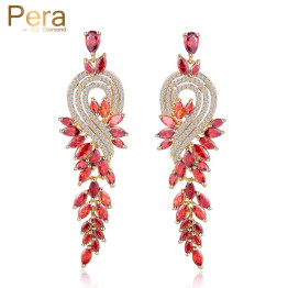 Pera Fashion Famous Brand India Red CZ Stone Jewelry Long Dropping Big Leaf Shape Women Evening Party Cubic Zircon Earrings E228