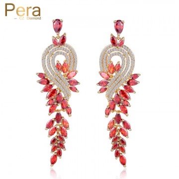 Pera Fashion Famous Brand India Red CZ Stone Jewelry Long Dropping Big Leaf Shape Women Evening Party Cubic Zircon Earrings E22832774356913