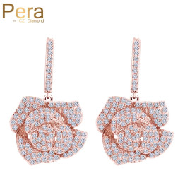 Pera Fashion Famous Brand Jewelry Rose Gold Color Cubic Zirconia Paved Rose Flower Big Long Hanging Drop Earrings For Women E087