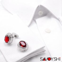 SAVOYSHI Luxury Red Zirconia Cufflinks for Mens High Quality Silver Retro Pattern Hollow Cuff link Gift Brand Men Jewelry Design