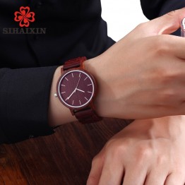SIHAIXIN Red Watch Men Luxury Nature Bamboo Wood Watches For Men Top Brand Mens Wristwatches Quartz Designer Strap Clock Male 