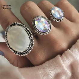 Tocona 3pcs/Set Bohemia Oval Colorful Opal Stone Knuckle Midi Finger Rings Set for Women Silver Ring Jewelry Accessories 6133