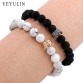 Trendy Black White Stone Beads with Gold Silver Color Alloy Crown Bracelet For Women Men Couple Bangles Jewelry
