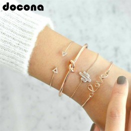 docona 4pcs/1set Gold Color Cactus Letter Knot Bracelet Bohemian Geometric Metal Chain Bracelet Statement Jewelry 6116